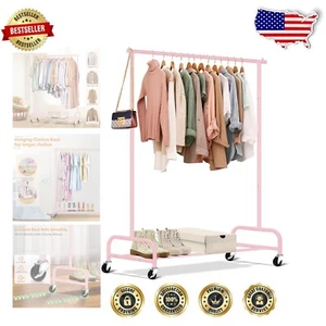 Heavy Duty Pink Rolling Clothes Rack - 43" Wide with Wheels for Easy Mobility - Picture 1 of 9