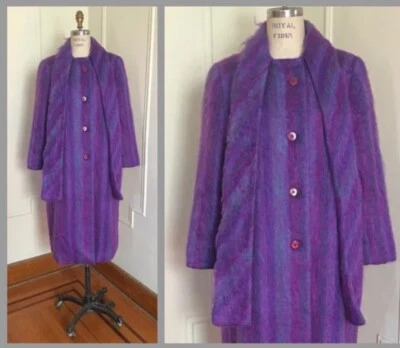 Abrigo Bufanda Largo Completo Vintage Riel 1980 Mohair Púrpura Fushia Talla L/XL 14/16 Foto 1 de 4