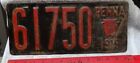 * RARE - 1919 - PA Pennsylvania - LICENSE PLATE -  nbr 61750 - w RED Nbrs - Used