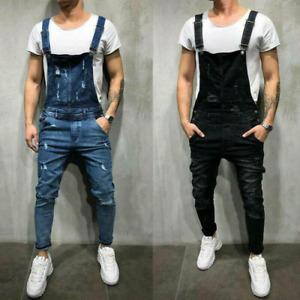 Mens Suspender Trousers Denim Rompers Male Ripped Jeans Shorts Stretch Pants