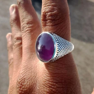 Solid 925 Sterling Silver Natural Purple Amethyst Gemstone Signet Men's  Ring - Picture 1 of 10