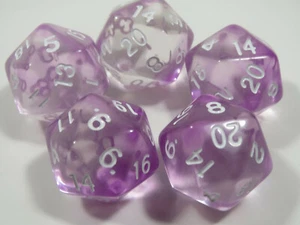 NEW RPG Dice Set of 5 D20 - Mysty Clear Violet w/white Inking - Picture 1 of 1