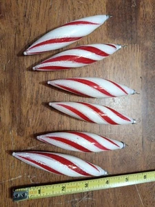 Vtg 6 Mercury Glass Teardrop White Red Striped Glitter Christmas Ornament 4" - Picture 1 of 5