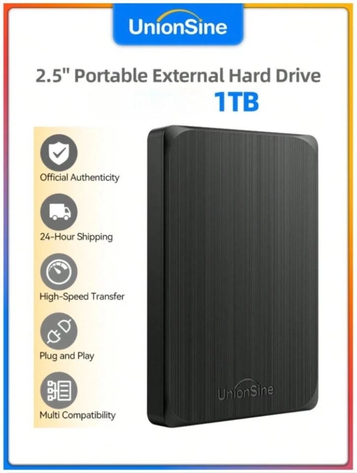UnionSine 1TB Externe Festplatte USB 3.0 2,5 zoll Mac PC Laptop PS4 PS5 Xbox HDD - Bild 1 von 4