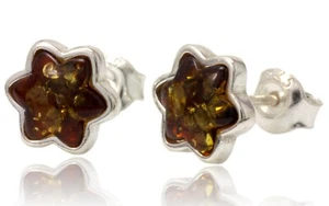 Baltic Amber Sterling Silver 925 Stud Star Earrings Natural Gemstone Jewellery - Picture 1 of 6