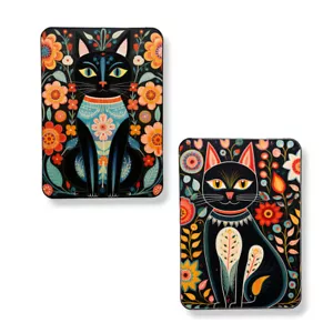 Set of 2 Folk Art Black Cat Floral Art Print Magnets Purr-fect Cat Mom Gift 3x4 - Picture 1 of 3