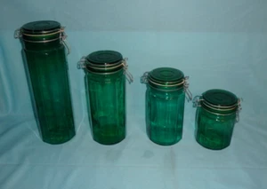 SET OF 4 VINTAGE EMERALD GREEN GLASS 12 PANEL CANISTERS JAR WIRE BAIL HINGED LID - Picture 1 of 24