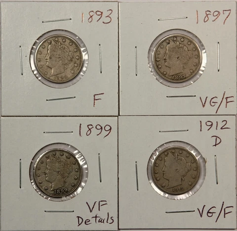 1893, 1897, 1899, 1912-D VG/F Very Good to Fine Liberty Nickels- Better Dates! Cover