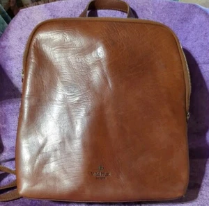 Wild West Los Angeles Cognac Brown Leather Backpack Plaid Interior Card Slots + - Picture 1 of 8