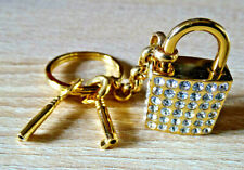 Schlüsselanhänger Taschenanhänger Metall Schloß 2x2cm  2 Schlüssel Gold/ Straß