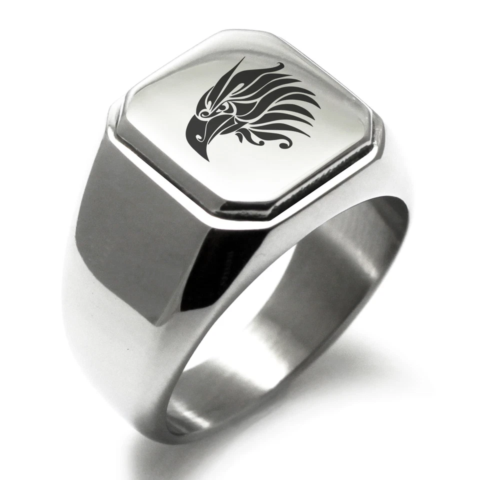 Stainless Steel Tribal Eagle Design Mens Square Biker Style Signet Ring - Image 1 of 1
