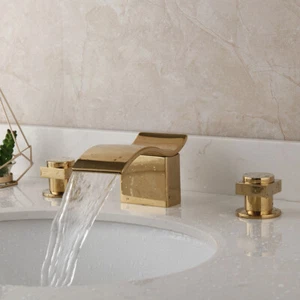 3pcs Gold Bathroom Dual Handles Waterfall Basin Sink Bathtub Mixer Faucet - Picture 1 of 8