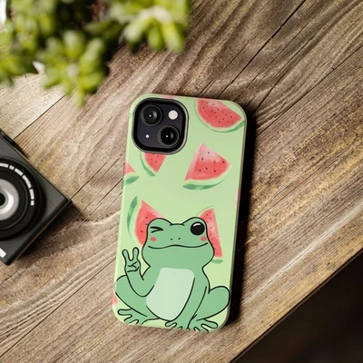 Funda para teléfono Frog & Watermelon_ Diseño juguetón, funda de teléfono de protección duradera Foto 1 de 3
