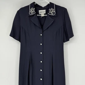 Vintage SL Fashion Navy Nautical Dress Button Down 90s Coastal 10 Classic Career - Picture 1 of 14