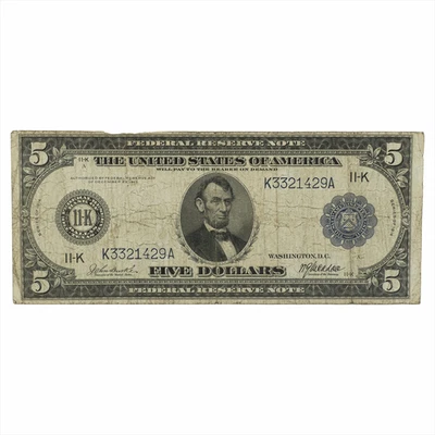 Billete de 5 dólares de la Reserva Federal de 1914 K3321429A Foto 1 de 3