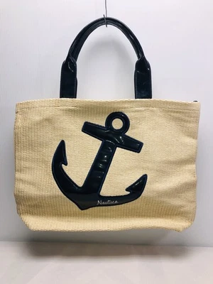 "Bolso de Hombro de Playa Nautica Paja Beige Azul Ancla Picnic Fiesta Boho 17x20""" Foto 1 de 4