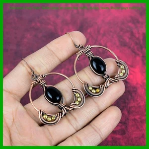 Copper Natural Black Onyx Wire Wrapped New Dangle Daughter Gift Earrings Jewelry - Picture 1 of 6