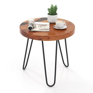 20" Round Teak Wood End Table Solid Live Edge Outdoor Side Table w/Metal Frame - Picture 1 of 12