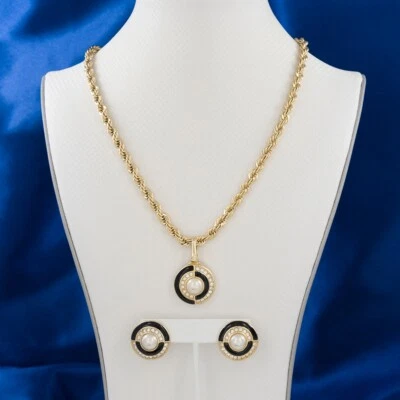 Vtg SWAROVSKI Faux Pearl Black Enamel Crystals GP Pendant & Pierced Earrings Set - Image 1 of 4