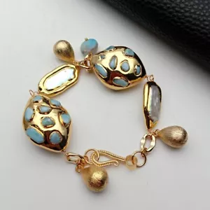 Freshwater Cultured White Biwa Pearl Blue Larimar Beaded Charm Bracelet - Picture 1 of 6