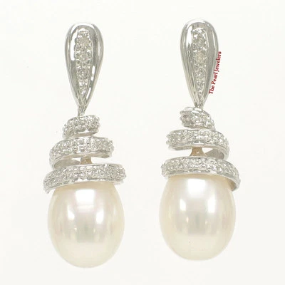14k White Gold Diamond & White Pearl Dangle Stud Earrings - Image 1 of 4