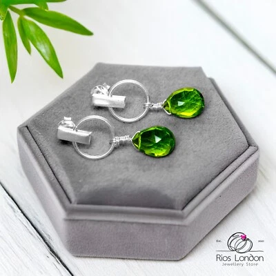 925 Silver Mini Hoop Peridot Earrings Olive Green Teardrop, Hypoallergenic Boxed - Image 1 of 2