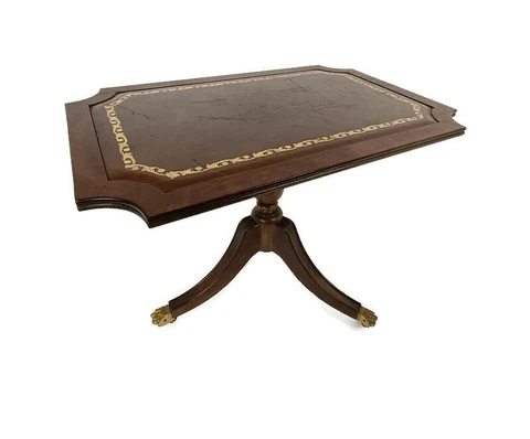 Italian Wood Faux Leather Brass Legs Coffee Wine Side Table   Vintage Beautiful Cover