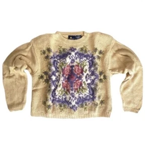 Vintage 90s Hand Knit Pastel Spring Sweater Yellow Purple White Pink Floral M - Picture 1 of 5