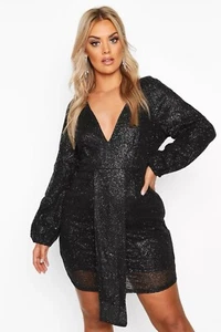 NWT Boohoo 18 1X Black Sequin Plunge Sexy Witchy Glam Goth Formal Evening Dress - Picture 1 of 8