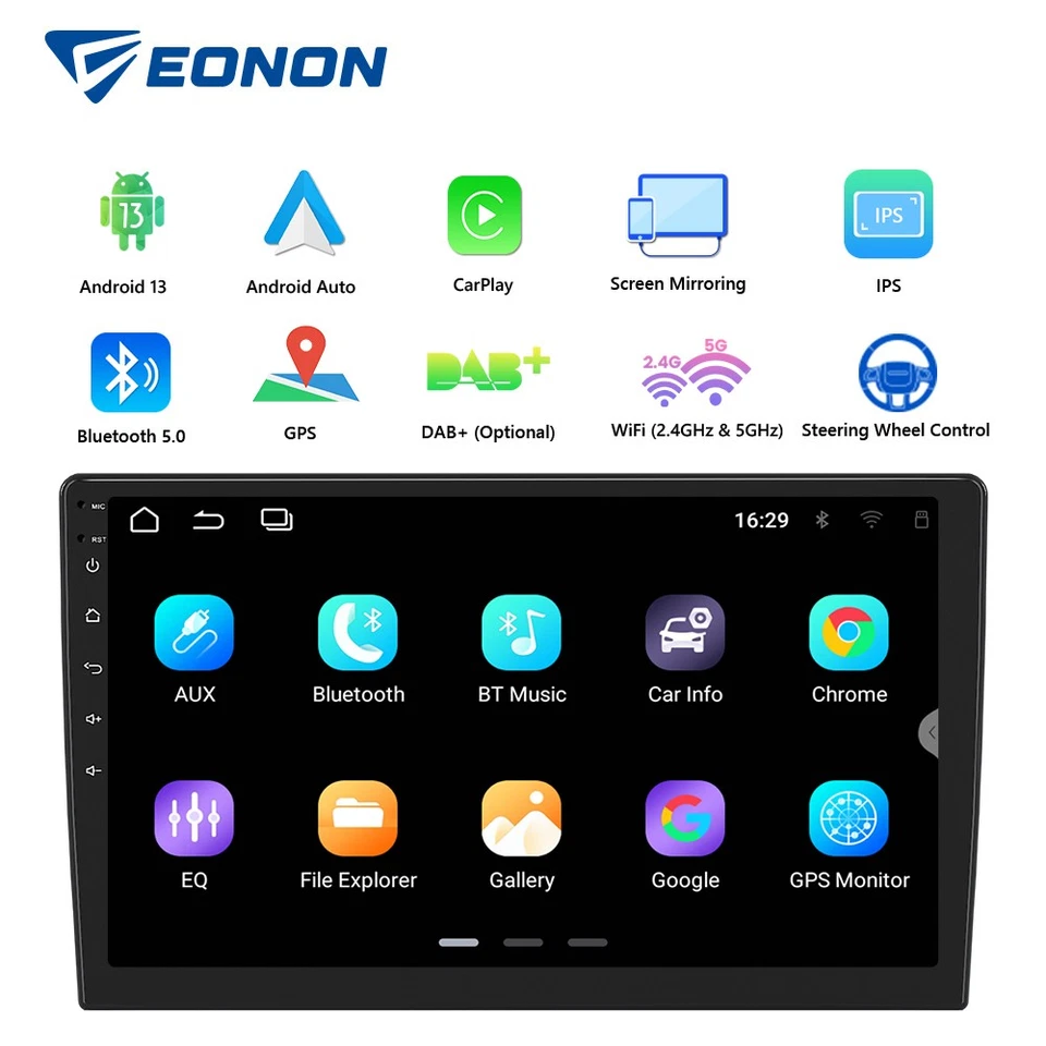 Eonon 10" Double Din Android 13 Car Stereo GPS Sat Nav FM Radio Wireless CarPlay - Image 1 of 4