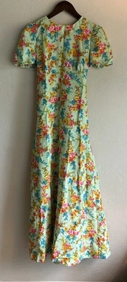 Vintage 60s 70s Bright Floral Maxi Dress Puff Sleeve Long Babydoll Formal M L - Image 1 of 4