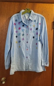 Quacker Factory Light Denim Button Up Shirt Sequin Stars Long Sleeves Sz L - Bild 1 von 6