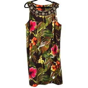 Maggie Barnes Tropical Dress Sleeveless Beaded Neck Hibiscus Floral Plus 18W - Picture 1 of 7