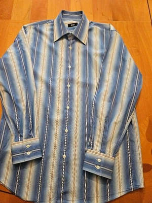 Hugo Boss Mens Blue and White Striped Button Up Regular Fit Shirt Size 42 16 1/2 - Image 1 of 2
