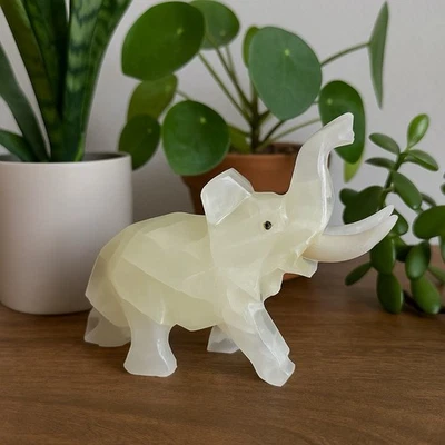 Vintage Hand Carved Onyx Stone Elephant Figurine 4.5” Trunk Up Good Luck Decor - Image 1 of 4