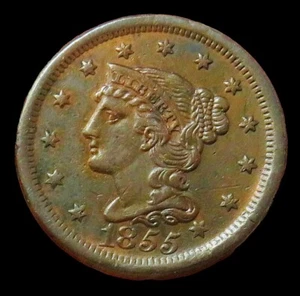 1855 COPPER LARGE CENT SLANTED 55 BRAIDED HAIR TYPE COIN MINT STATE BROWN - Picture 1 of 2