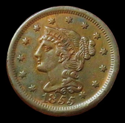 1855 COPPER LARGE CENT SLANTED 55 BRAIDED HAIR TYPE COIN MINT STATE BROWN - Image 1 of 2