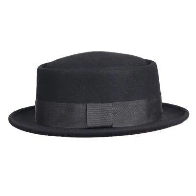 Sombreros de cerdo de fieltro de lana negros ala ancha iglesia tapa plana sombrero Fedora para hombres mujeres Foto 1 de 4