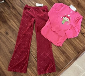 Gymboree NWT Girls 9 Winter Kitty Cat Pink L/S Shirt Top + Red Velour Pants NEW - Picture 1 of 10