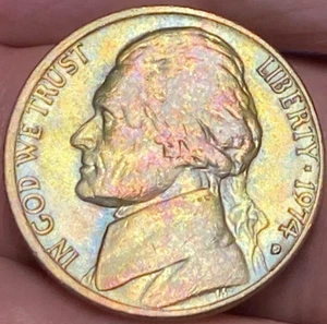 1974-D Jefferson Nickel Beautiful Lustrous Gold/Rainbow Toned Coin w/Error #3 - Picture 1 of 10