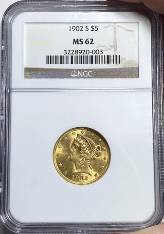 BU 1902-S $5 Dollar Gold Liberty Half Eagle NGC MS62 OGH Great Luster! KFGE Cover