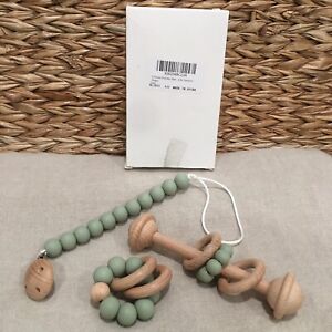 Baby NEW Shake Toy and Teethers Wooden 3 Piece Set Silicone Sage Green Clip On