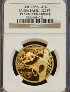 Rare 1988 CHINA Gold Panda SWISS Basel Coin AU PT ERROR NGC PF69 Certify - Bild 1 von 1