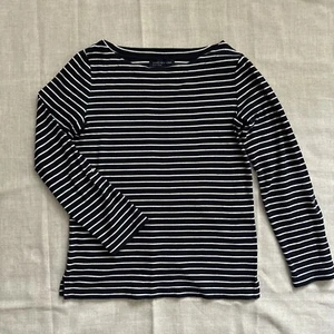 Women’s SMALL Top Black/White Striped Pullover Boat Neck Adj Sleeve EUC - Picture 1 of 12