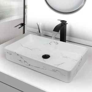 24" Rectangular White Marble Bathroom Vessel Sink ceramic Basin Bowl With Faucet - Picture 1 of 7