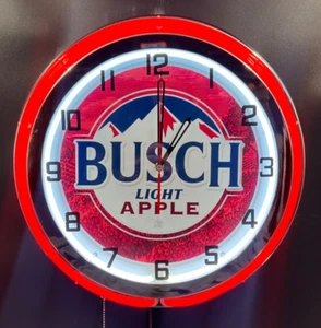 BUSCH Light Apple Beer Sign 19" Red Double Neon Clock Garage Man Cave - Picture 1 of 2
