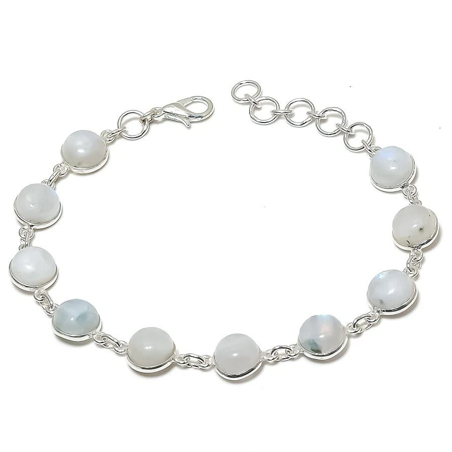 Pulseira de prata esterlina 925 feita à mão com pedra preciosa Moonstone tamanho 7-8"" - Imagem 1 de 1