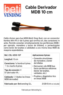 Cable Derivador MDB 10 cm Betivending – 1x Hembra a 2x Macho 6 pines Mini-Fit Jr - Imagen 1 de 4