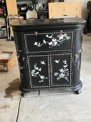 Bar Mid Century Black Lacquer Asian Chinoiserie Bar Cabinet Mother of Pearl  40" - Image 1 of 4