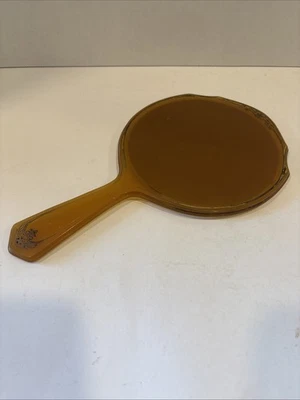 Vintage Bakelite Celluloid Hand Vanity Mirror Caramel Beveled Glass  - Image 1 of 4